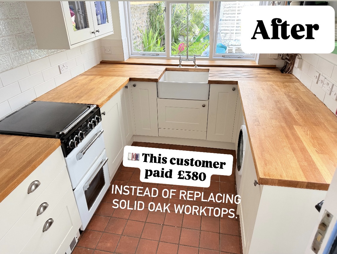 Restored solid oak kitchen worktop looking like new