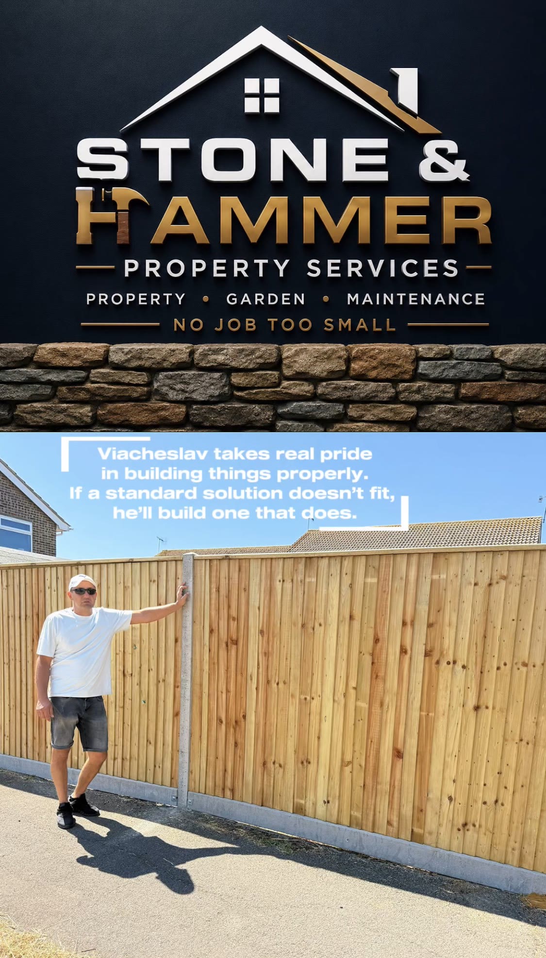 Viacheslav from Stone and Hammer beside a newly built fence